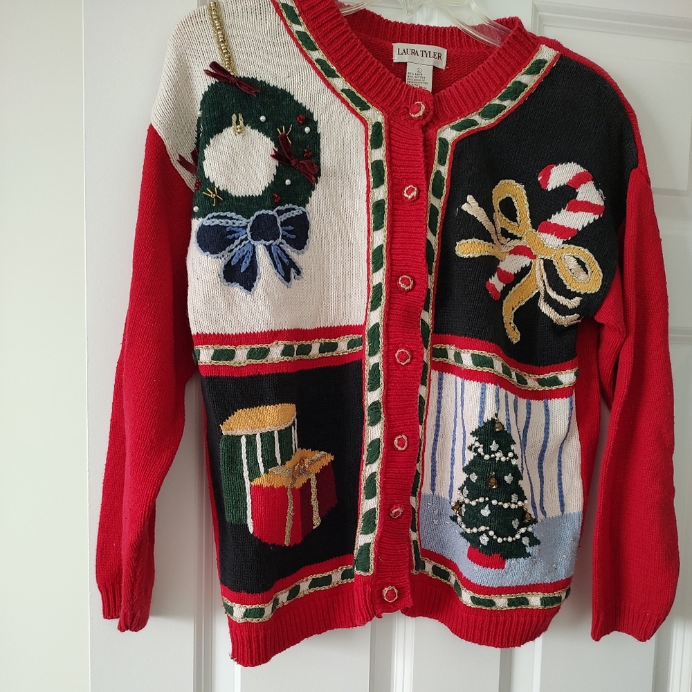 Laura Tyler Knitted Christmas CardiganUgly SweaterHandmade Size L 55% Rami